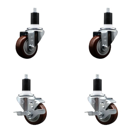 Service Caster 3'' SS Maroon Poly Wheel Swivel 1-1/2'' Expanding Stem Caster Set 2 Brakes, 4PK SCC-SSEX20S314-PPUB-MRN-2-TLB-2-112